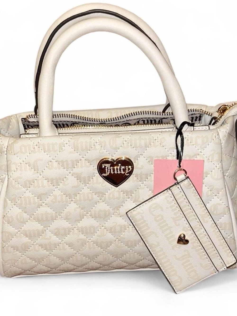 Juicy Couture Ivory Quilted Satchel with Cardholder and Gold Heart Logo